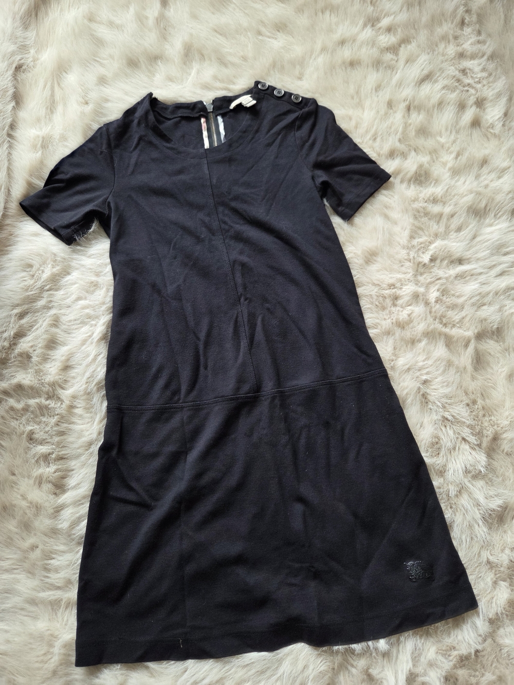 Burberry Black Short-Sleeve Shift Dress with Button Shoulder Detail